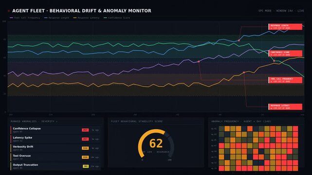 Dark mode AI anomaly detection dashboard with drift monitoring, behavioral analytics, time series metrics, stability scoring, heatmap insights, and enterprise system monitoring.
