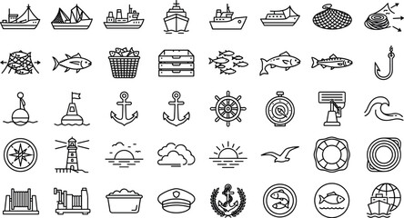 Commercial Sea Fishing and Nautical Navigation Line Icons Set with Trawlers Nets Hook and AnchorCommercial Sea Fishing and Nautical Navigation Line Icons Set with Trawlers Nets Hook and Anchor © MDJAHIDUL