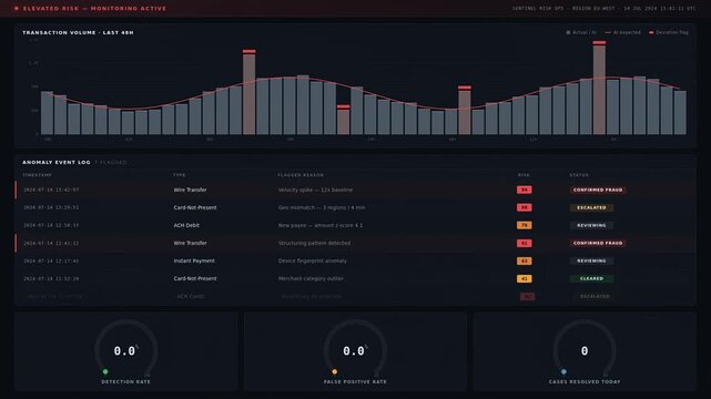 Animated AI financial anomaly detection dashboard with transaction monitoring, fraud alerts, risk scoring, analytics charts, operational metrics, and dark mode interface.