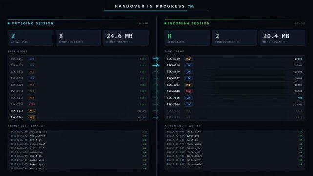 Dark mode AI session handover dashboard with state persistence, task transfer tracking, memory snapshots, workflow continuity, and enterprise operations monitoring interface.