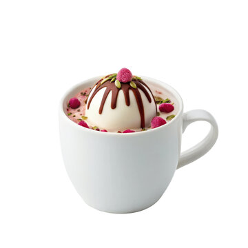White ceramic mug with gourmet cocoa bomb floating in hot chocolate for winter beverage concepts
