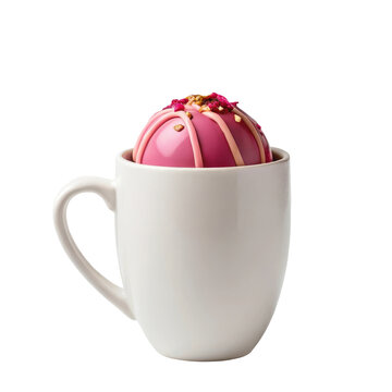 Minimal white mug with pink cocoa bomb for gourmet hot chocolate drink presentation