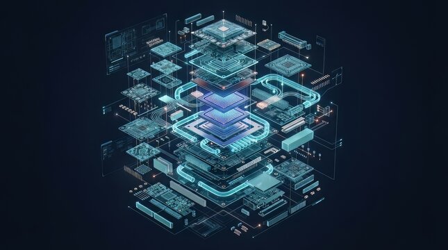 Exploded view of a complex digital processor showing intricate circuit board layers with glowing blue light