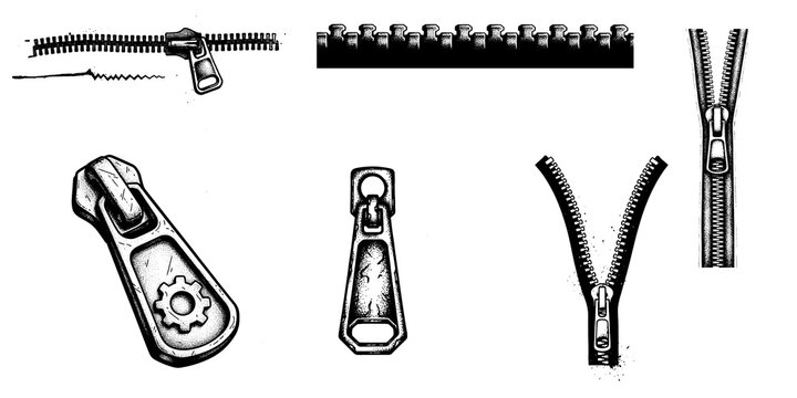 Set of various metal clothing zipper fasteners and pull tabs texture deisng with fastener, clothing texture deisng