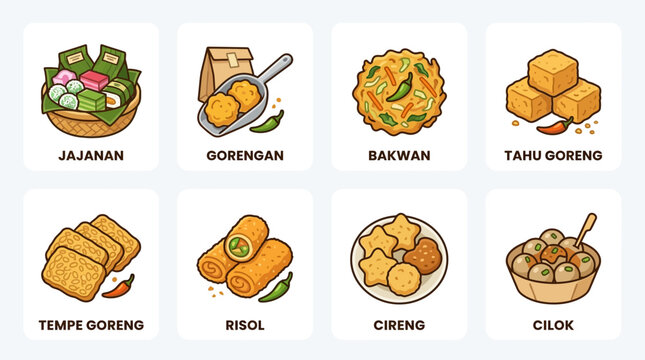 Indonesian Street Food Collection: Jajanan, Gorengan, Bakwan, Tahu, Tempe, Risol, Cireng, Cilok