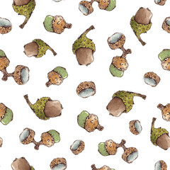 Seamless Pattern with Small Watercolor Acorns © mazhuzha