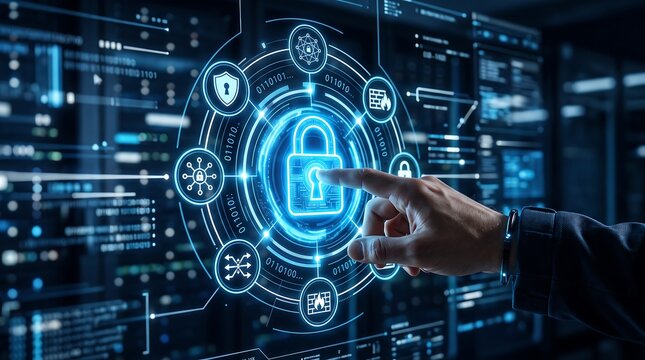 Cybersecurity concept hand interacting with digital lock interface