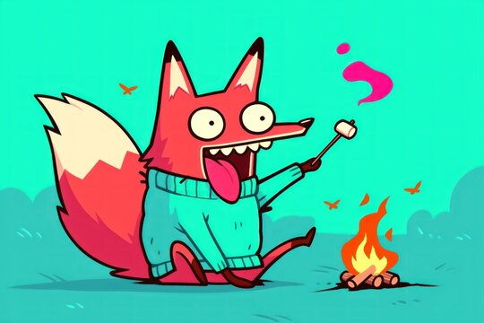 Happy fox roasting marshmallow campfire outdoors night