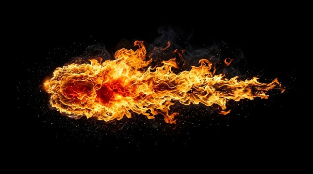 Dynamic Fire Blast With Flowing Flames Isolated On Black Background High Energy Effect