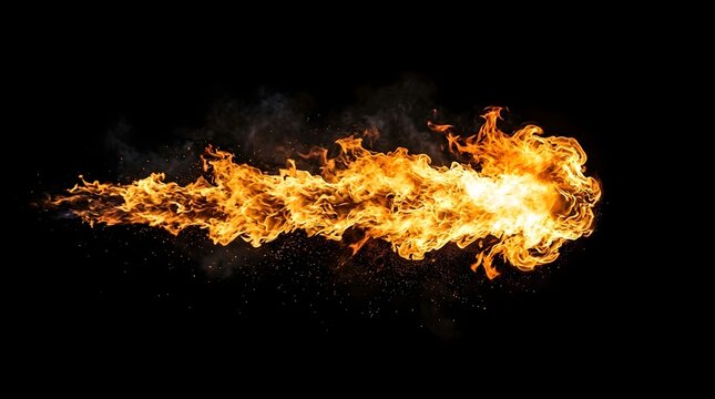 Dynamic Fire Blast With Flowing Flames Isolated On Black Background High Energy Effect