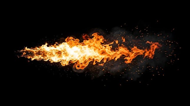 Dynamic Fire Blast With Flowing Flames Isolated On Black Background High Energy Effect