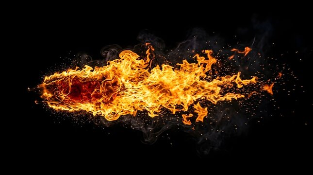 Dynamic Fire Blast With Flowing Flames Isolated On Black Background High Energy Effect