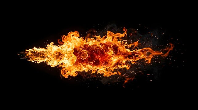 Dynamic Fire Blast With Flowing Flames Isolated On Black Background High Energy Effect
