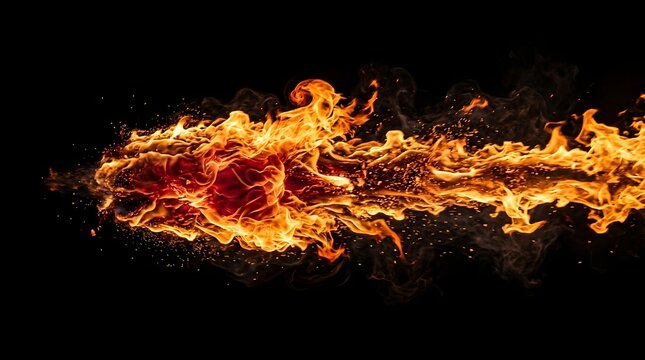 Dynamic Fire Blast With Flowing Flames Isolated On Black Background High Energy Effect