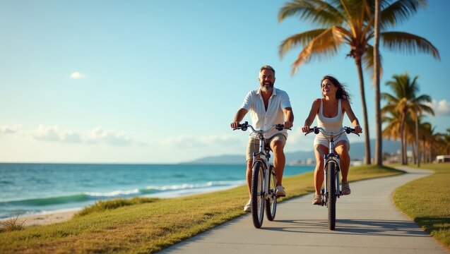 Happy couple riding bicycles along seaside path on sunny day. Summer vacation lifestyle with smiling man and woman enjoying freedom, nature and active leisure outdoors with scenic coastal view