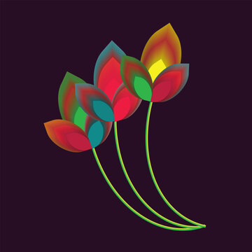 Three colorful flowers set against a dark purple background vector