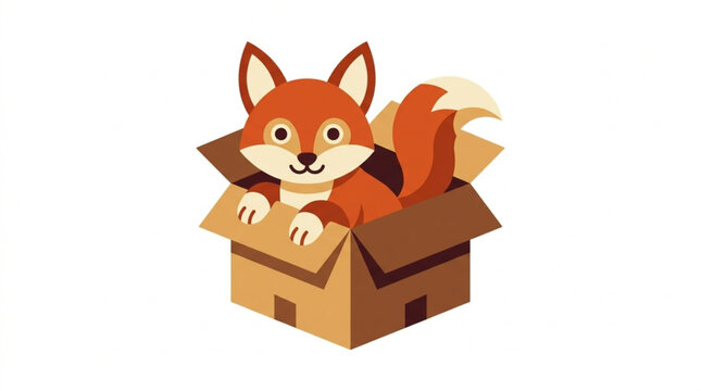 Cute cartoon fox peeking out of a cardboard box with playful expression in warm colors for children and animal themes