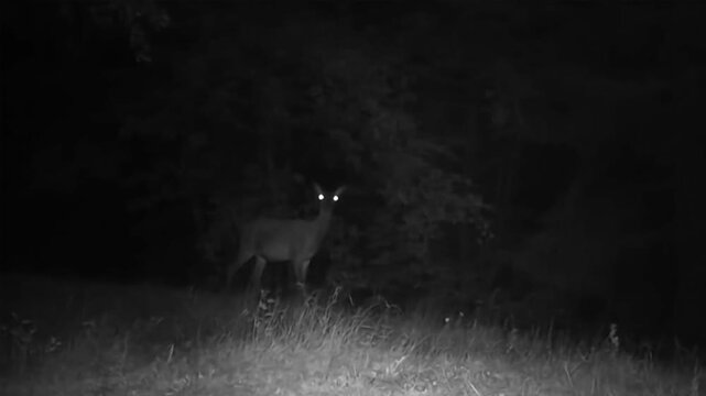 Night vision footage captured by a trail camera showing a wild deer standing still in the forest at night, staring directly at the lens with bright glowing eyes.