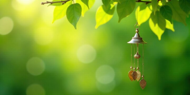 Serene garden ornament hanging gently from a leafy branch, bathed in soft sunlight, a peaceful and tranquil scene of nature's beauty