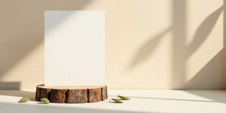 Blank Vertical Card Mockup on Wooden Slab with Subtle Leaf Accents and Soft Light Shadows