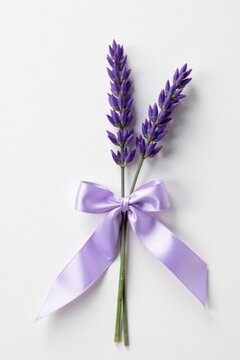 Delicate Lavender Sprigs Tied with a Lavender Bow on a White Background