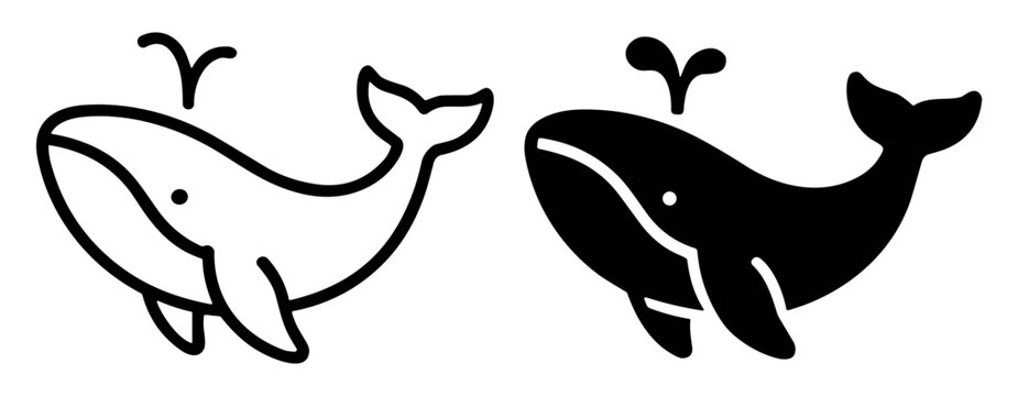 Black and white whale icons with water spout in simple line and silhouette style on transparent background