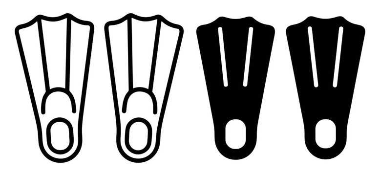 Black and white icon set of swim fins for diving and snorkeling underwater activities on transparent background