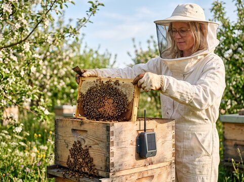 Female Beekeeper Checking Hive with Smart Device
