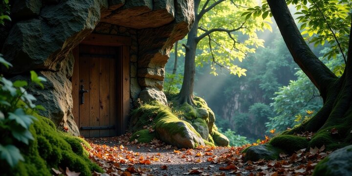 Mysterious Woodland Entrance Ancient Stone Doorway Concealed within Mossy Grotto, Bathed in Sunlight Filtering Through Lush Canopy