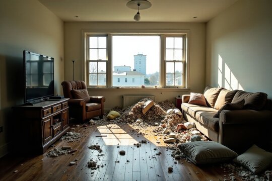 Sunlit Living Room Interior with Scattered Debris and Furniture