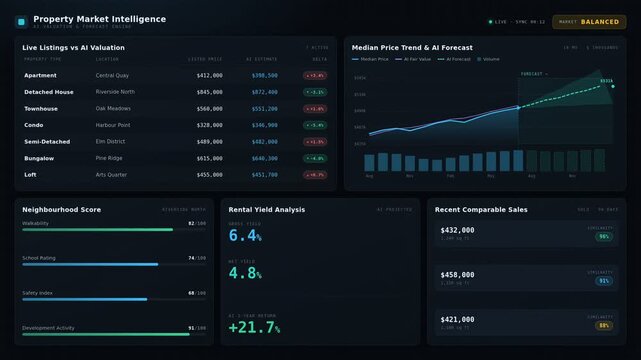 Animated AI real estate market intelligence dashboard with property valuation, pricing trends, rental yield analysis, market forecasting, and dark mode interface.