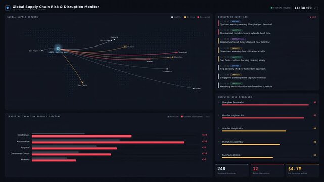 Animated AI supply chain risk monitoring dashboard with global logistics map, supplier risk analysis, disruption alerts, lead time analytics, KPI metrics, and dark mode interface.