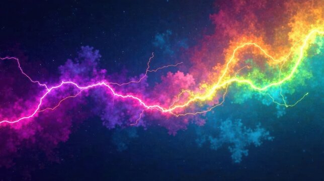 Cosmic Energy Discharge A Vibrant Display of Spectral Lightning Bolts Across a Nebula of Vivid Hues