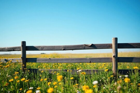Rustic wooden fence separating a vibrant field of wildflowers under a clear summer sky, a pastoral scene of serenity and natural beauty