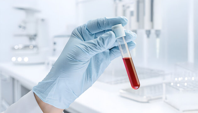 Scientist hand in glove holding blood sample test tube in medical laboratory