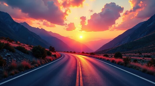 Serene Sunset Vista Winding Asphalt Road Through Majestic Mountain Range at Golden Hour