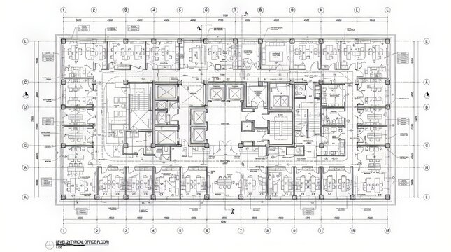 Detailed architectural floor plan showing office layout for a large commercial building on white paper