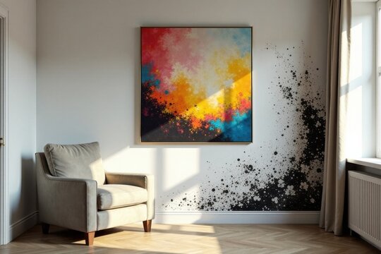 Modern living room interior design featuring a vibrant abstract artwork and a unique wall accent