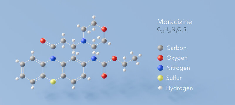moracizine molecule, molecular structure antiarrhythmic agent 3d model, Structural Chemical Formula and Atoms with Color Coding