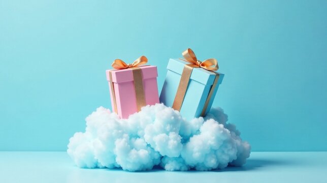 Two pastel presents nestled on a fluffy cloud against a serene backdrop