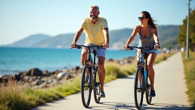 Happy couple riding bicycles along seaside path on sunny day. Summer vacation lifestyle with smiling man and woman enjoying freedom, nature and active leisure outdoors with scenic coastal view