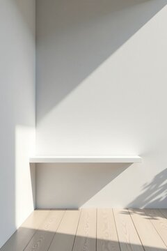 Empty White Shelf in Sunlit Room Corner with Light Wood Floor
