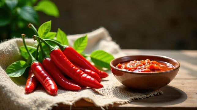 Spicy Red Chili Peppers and Homemade Sauce on Rustic Burlap