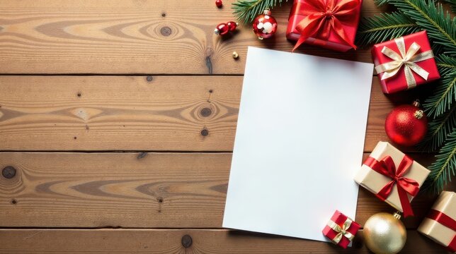 Blank Paper on Wooden Surface with Festive Gifts and Ornaments for Holiday Greetings