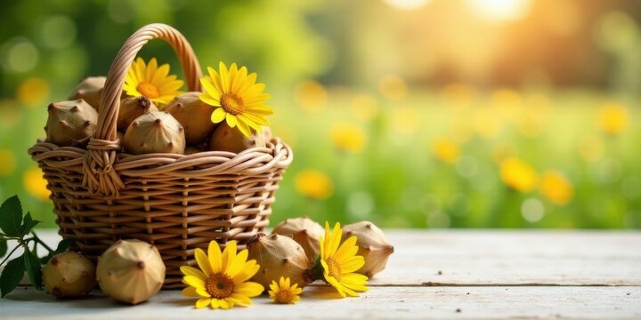 Wicker Basket Filled with Unique Spiky Fruits and Vibrant Yellow Flowers on Rustic Wooden Surface Against a Soft Focus Floral Background