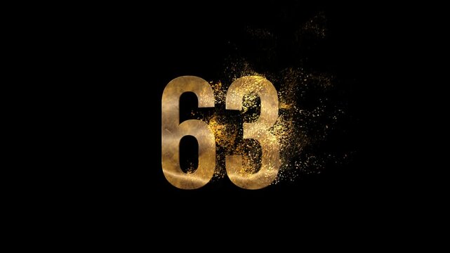 Beautiful Golden Number 63 with golden particles and transparent background, golden number sixty three