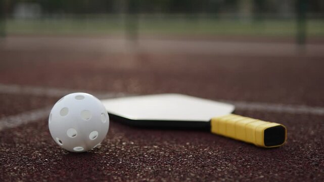 White pickleball ball rotates on sports stadium next to paddle in closeup. Sports accessories on rubberized surface of outdoor court.