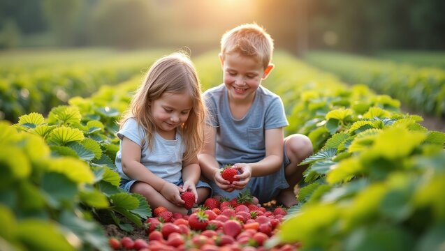 Happy children holding freshly picked strawberries in sunny berry field with their mother in background. Family harvest, healthy organic food, joyful childhood, summer countryside lifestyle	