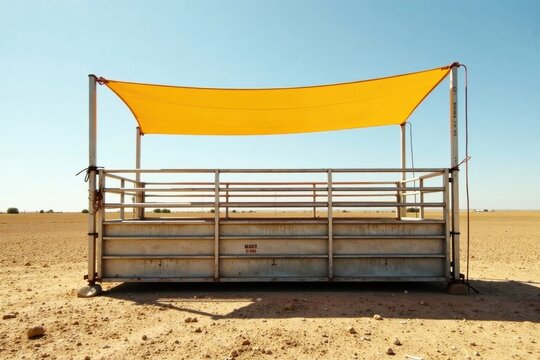 A simple metal livestock enclosure with a bright yellow sunshade provides shelter in a vast arid landscape