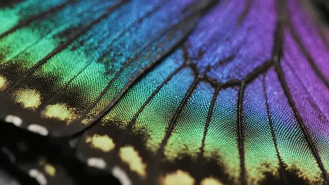 Macro view shows iridescent butterfly wing scales shifting from vibrant green to purple.